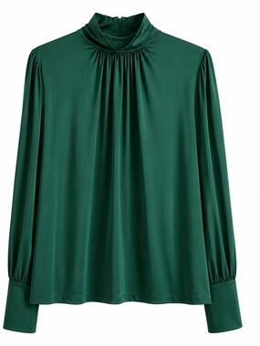 & Other Stories Deep Green Satin Mock Neck Blouse
